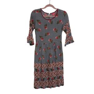 April Cornell Floral Midi Dress Size XS Gray Red 3/4 Sleeves Cottagecore Country
